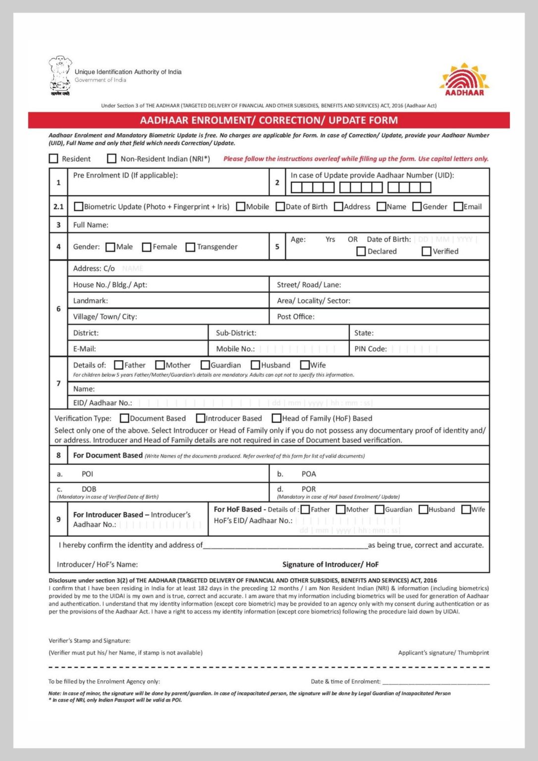 Aadhar Card Correction Form Pdf Download Data Update Correction 9835