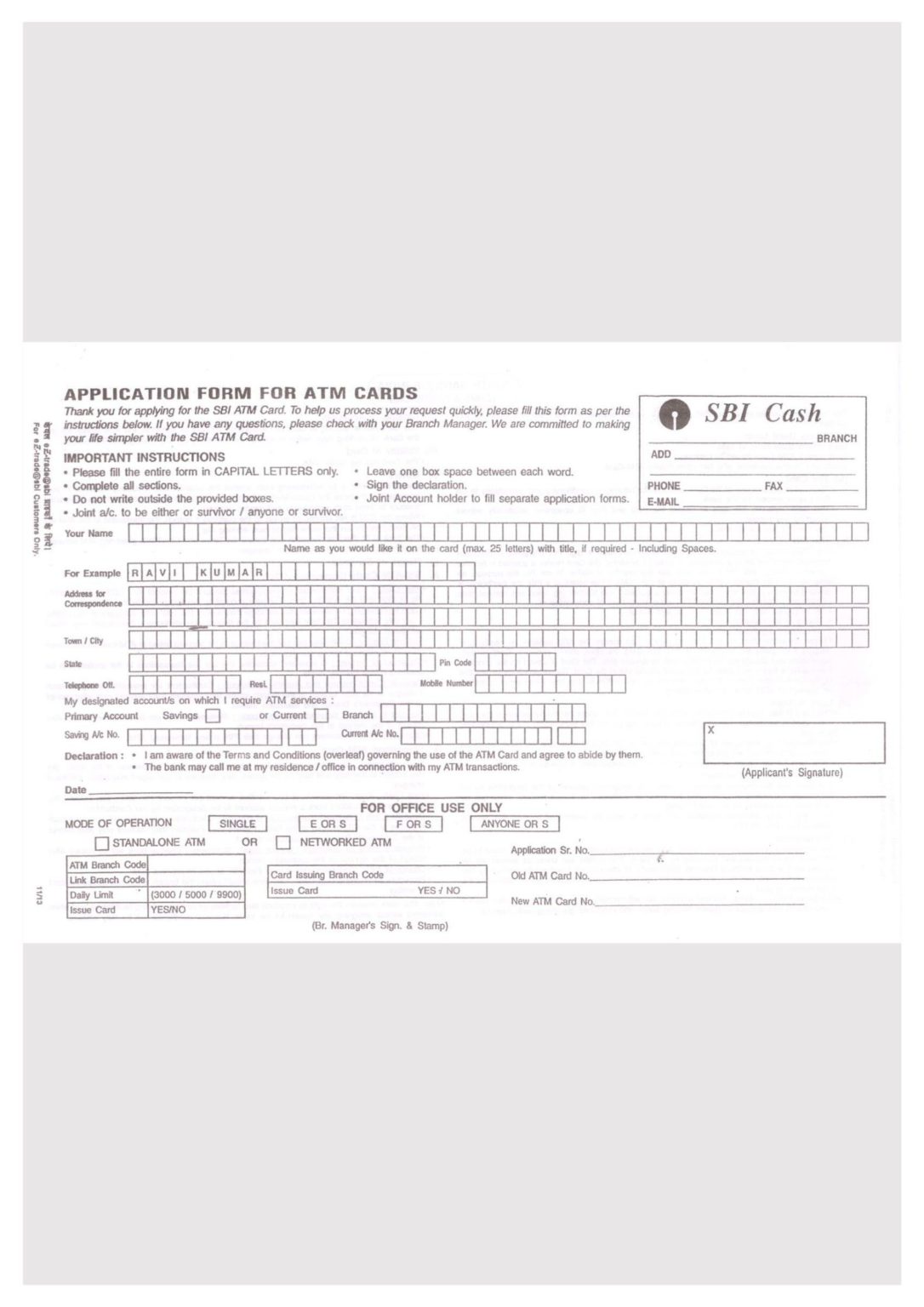 Sbi Atm Card Application Form Pdf Download Pin Generation 0030