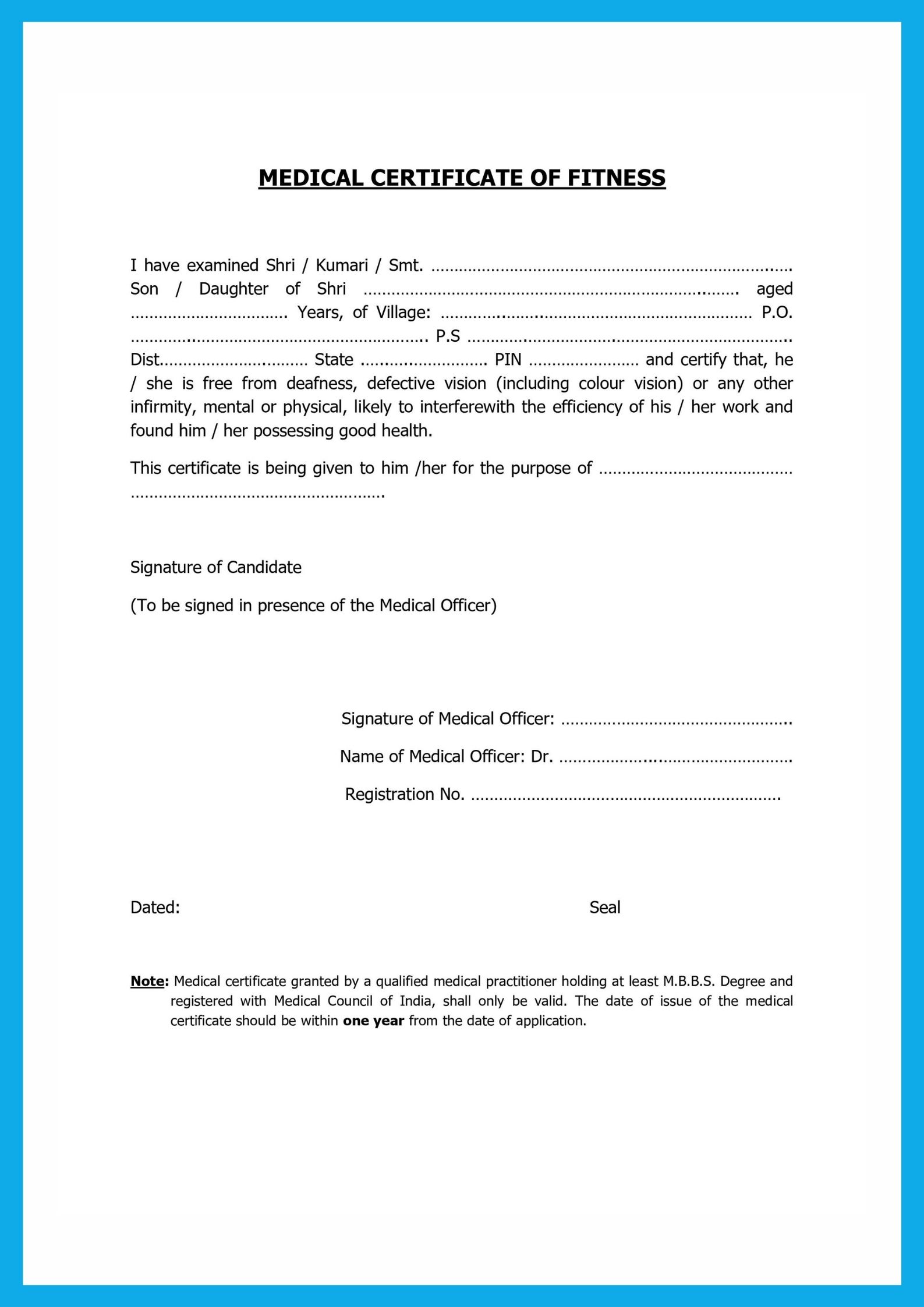 Medical Fitness Certificate PDF Form / Format Download dgms gov in