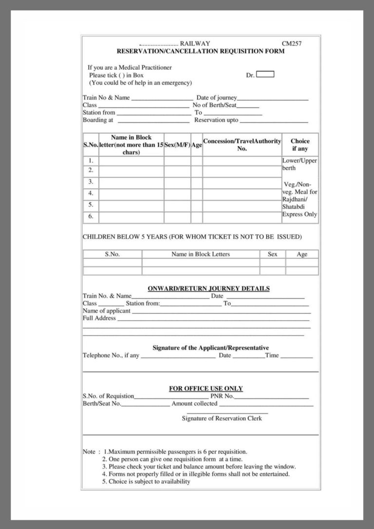 Railway Reservation Application Form PDF Download