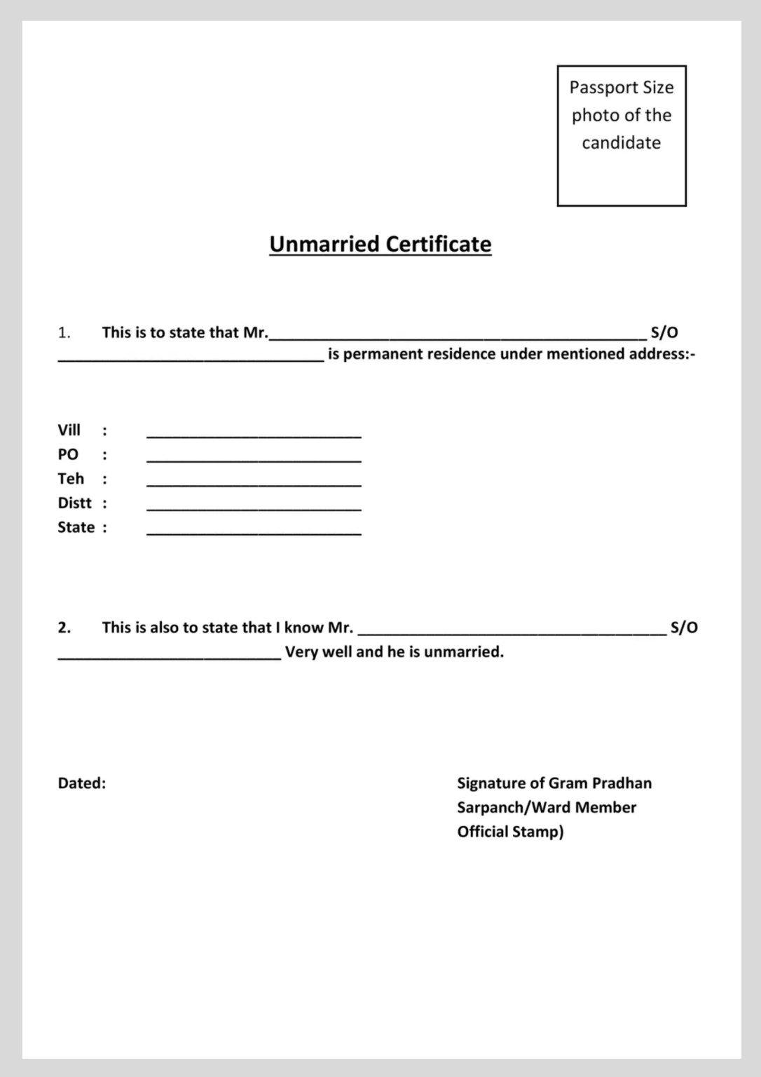 Unmarried Certificate PDF Format Download